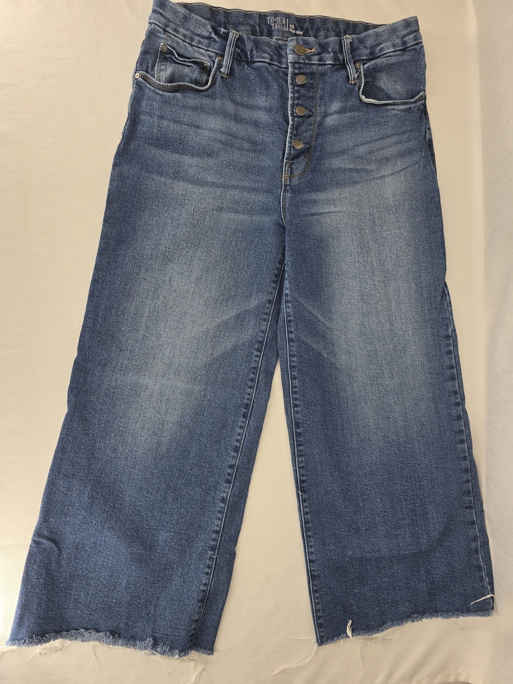 Time and Tru Wide-Leg Cropped Button-Fly Jeans in Blue Denim